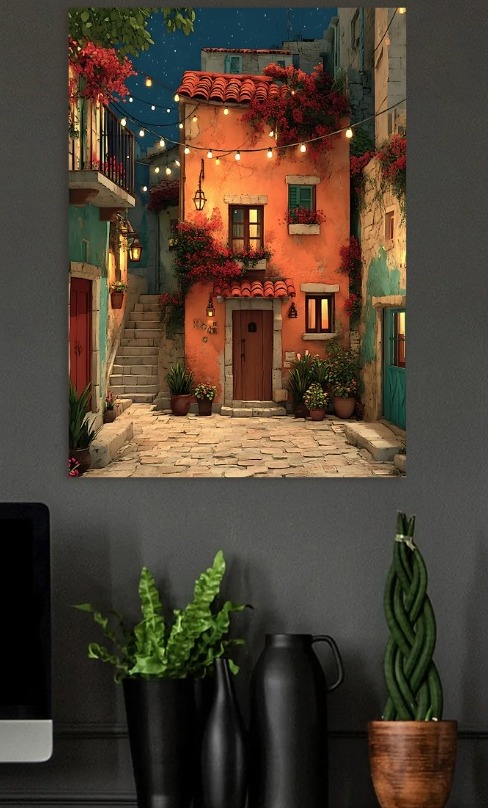 Charming Italian Street at Night — metal poster wall art by Lineer